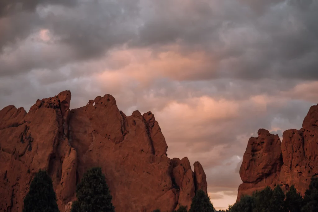 View of garden of the gods during a rain storm